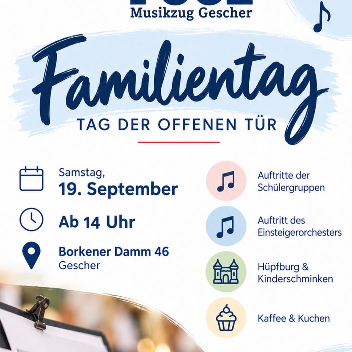 🎶 Familientag: Tag der offenen Tür! 🎶
Am Samstag, den 19. September, möchten wir euch zu uns einladen! Lernt unseren... 🎶 Familientag: Tag der offenen Tür! 🎶
Am Samstag, den 19. September, möchten wir euch zu uns einladen! Lernt unseren...